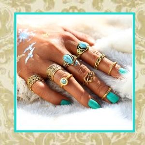 🌺 10PC GOLD & TEAL MIDI KNUCKLE FINGER RINGS BOHO GYPSY CHIC TRIBAL SET BUNDLE